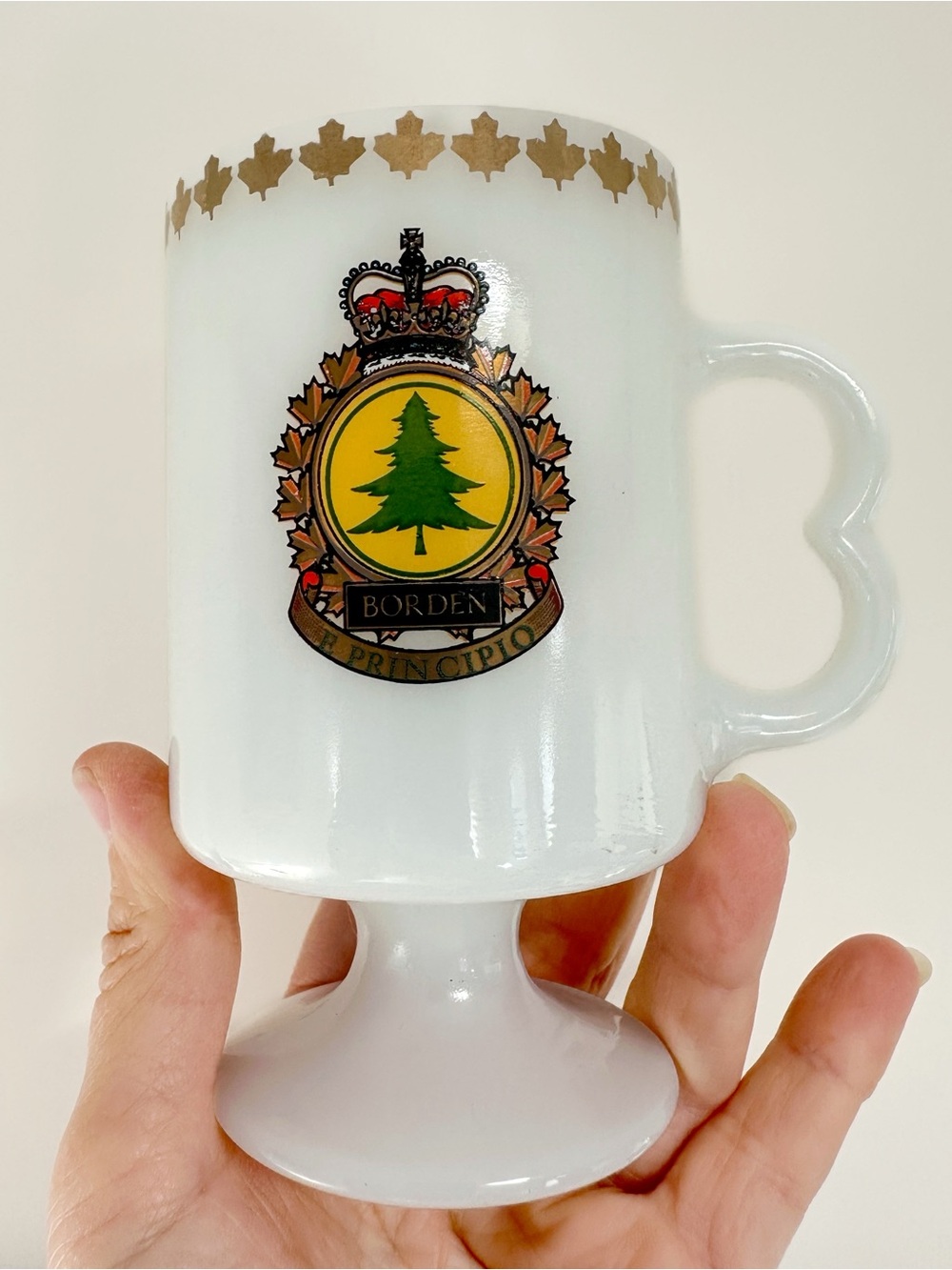 Vintage Canadian Air Florces White Milk Glass Pedestal Mug with Gold Crest